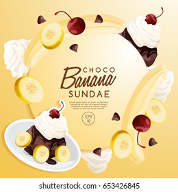 Ice Cream Sundae Set : Chocolate Banana Sundae : Vector Illustration