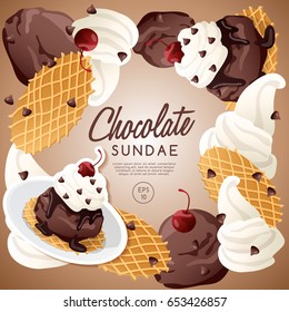 Ice Cream Sundae Set : Chocolate Sundae : Vector Illustration