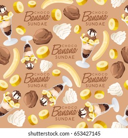 Ice Cream Sundae Set : Chocolate Banana Sundae Seamless Pattern : Vector Illustration