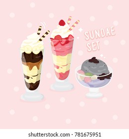 Ice cream Sundae Set : Chocolate, Strawberries, Sesame Taro with japanese dessert dango