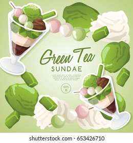 Ice Cream Sundae Set : Green Tea Sundae : Vector Illustration