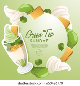 Ice Cream Sundae Set : Green Tea Sundae : Vector Illustration