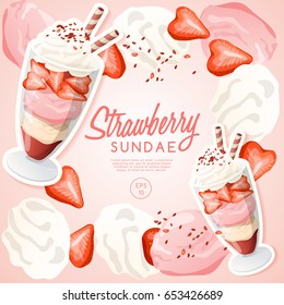 Ice Cream Sundae Set : Strawberry Sundae : Vector Illustration