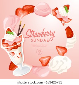 Ice Cream Sundae Set : Strawberry Sundae : Vector Illustration