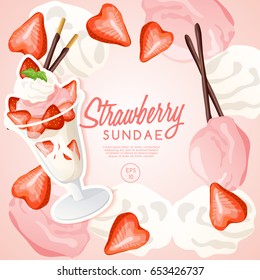 Ice Cream Sundae Set : Strawberry Sundae : Vector Illustration