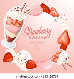 Ice Cream Sundae Set : Strawberry Sundae : Vector Illustration