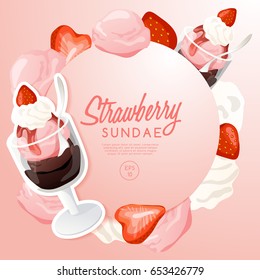 Ice Cream Sundae Set : Strawberry Sundae : Vector Illustration