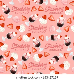Ice Cream Sundae Set : Strawberry Sundae Seamless Pattern : Vector Illustration