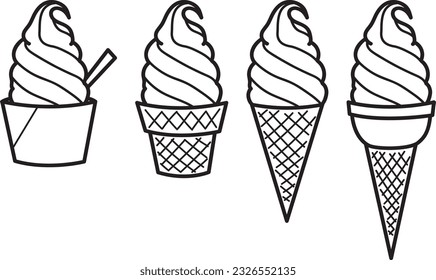 Ice cream sundae swirl in cup and cones separated isolated line art outline.Vector illustration on white background. Cute simple plain minimalist style. Sticker
