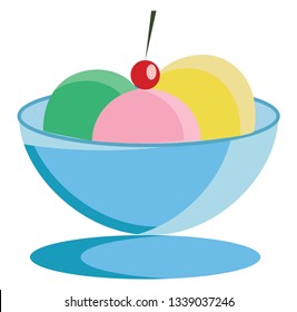 Ice cream sundae with various flavors and cherry decoration vector color drawing or illustration 