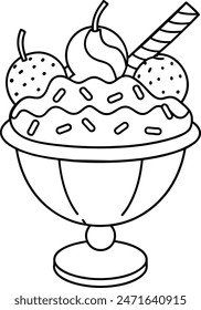 ice cream sundae with various toppings like cherries, sprinkles, and whipped cream