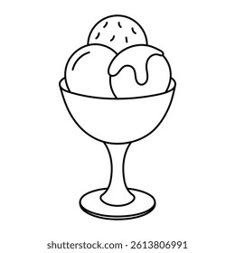 Ice cream sundae vector illustration. Hand-drawn doodle style dessert in glass bowl with scoops. Black line art isolated on white background.