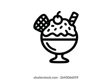 Ice Cream Sundae Vector Line Art Illustration with Cherry Waffle and Wafer Stick Toppings