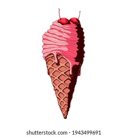 Ice cream sundae wafer cone with cherry and milk cream with sliced berry. Hand drawn vector illustration isolated on white background. Ice cream vanilla sundae in wafer cup with cherry.