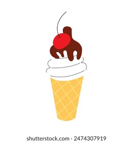 Ice cream sundae in a waffle cone with cherry vector flat illustration