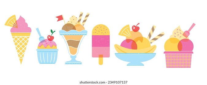 Ice cream, sundaes, Colorful cute screen printing effect. Riso print effect. Vector illustration. Graphic element for fabric, textile, clothing, wrapping paper, wallpaper, poster.