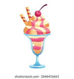 Ice cream sundaes. Fruit ice cream sundae with whipped cream, vector on a white background