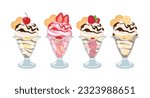 Ice cream sundaes various types icon set vector. Chocolate, vanilla, fruit ice cream sundae with whipped cream, icing and wafer icon set vector on a white background. Fancy ice cream cup drawing
