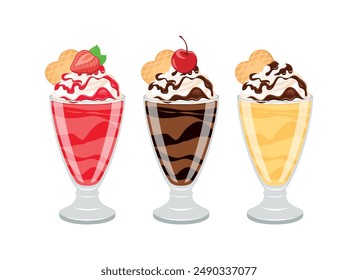 Helado sundaes varios tipos de Ilustración vectorial. Sundae de fresa, chocolate y vainilla con crema batida, glaseado y Vector de conjunto de iconos de oblea aislado sobre un fondo blanco. Dibujo de taza de helado