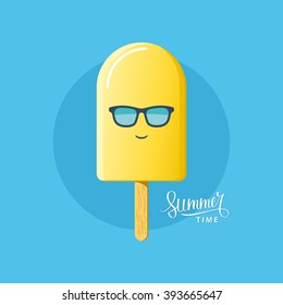  Ice cream with sunglasses. Summertime inscription. Flat vector illustration.