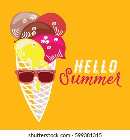 Ice cream with sunglasses. Vector illustration on orange background