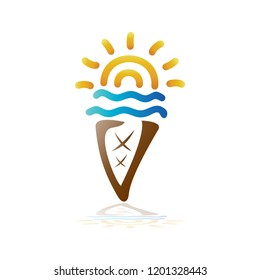 Ice Cream Sunset Logo, Sun Wave Ice Cream Vector Logo