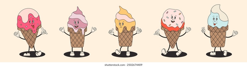 Ice cream sweet characters collection in retro groovy style. Ice cream in cones, popsicle with toppings. Cute set of funny Hippy Ice cream mascots. For poster, flyer, party invitation, banner.