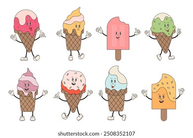 Coleção de personagens doces de sorvete em estilo groovy retro. Sorvete em cones, picolé com rostos bonitos em várias poses. Bonito conjunto de engraçado Hippy sorvete mascotes personagem. Gelato de verão