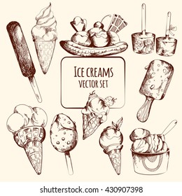 Ice cream sweet cold dessert sketch set isolated vector illustration