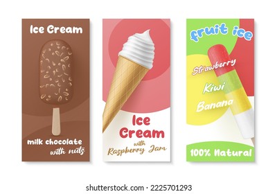 Ice cream sweet delicious summer dessert advertising poster set vector illustration. Dairy treat menu flavour waffle cone popsicle milk chocolate with nuts glaze fruit frozen iced gelato promo banner