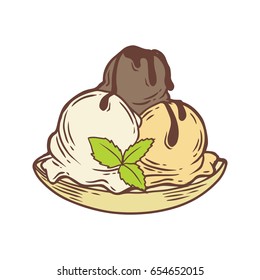 Ice cream sweet dessert balls with mint. Hand drawn engraving sketch retro vintage vector illustration.