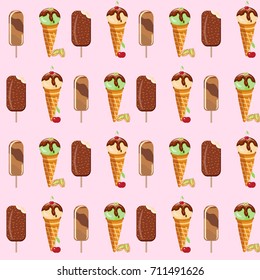 Ice cream sweet dessert cold food seamless pattern vector illustrations. Tasty creamy snack dairy waffle flavor cold ice-cream frozen scoop. Soft delicious milk icecream ball. 