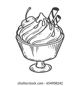 Ice cream sweet dessert in cup with cherry and chocolate coockie. Hand drawn engraving sketch retro vintage vector illustration.