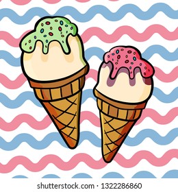 Ice cream sweet dessert. Food illustration on a striped color backdrop. Frozen dessert in the waffle cone with vanilla and pistachio and strawberry or raspberry taste. Vector