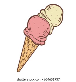 Ice cream sweet dessert strawberry banana pink yellow cone balls. Hand drawn engraving sketch retro vintage vector illustration.