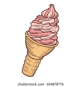 Ice cream sweet dessert strawberry pink cone. Hand drawn engraving sketch retro vintage vector illustration.