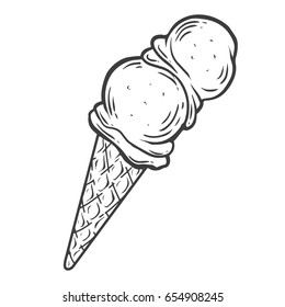 Ice cream sweet dessert strawberry banana pink yellow cone balls. Hand drawn engraving sketch retro vintage vector illustration.