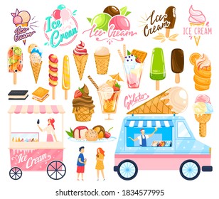 Ice cream sweet food vector illustration set. Cartoon flat streetfood icecream shop truck collection of various gelato balls in waffle cones, fruit frozen dessert, yogurt sorbet isolated on white