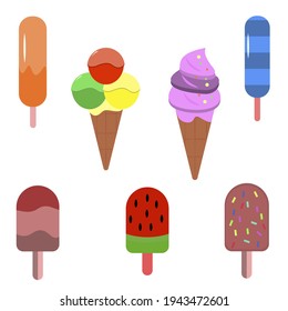 Ice cream sweet frozen dessert.
Various types of ice cream vector set. No diet day