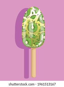 ice cream sweet ice with kiwi pieces and mint leaves, cold, sweet, summer dessert, stylized vector graphics