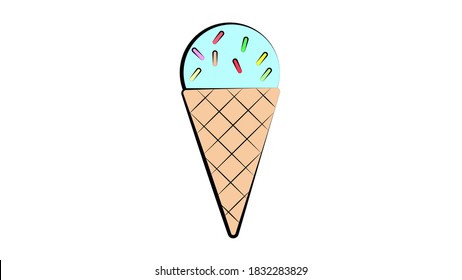 ice cream sweet, milk in a waffle cup, on a white background, vector illustration. scoop of turquoise ice cream with sugar sprinkles. fruit sweet ice cream.