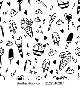 Ice cream sweet seamless pattern. Ice cream, popsicle hand drawn doodle cone. Stock vector black and white illustration for printing on wpapping paper and textiles.
