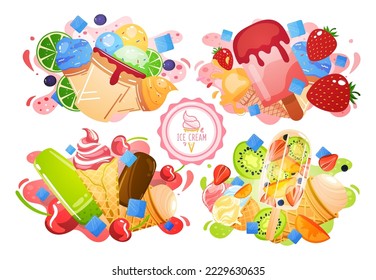 Ice cream sweet, summer cold dessert, flavor label, delicious scoop appetizer, design, cartoon style vector illustration.