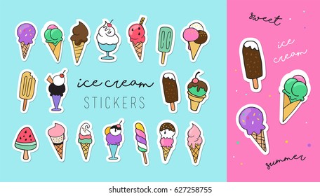 Ice cream, sweet summer collection of icons, doodles, illustrations