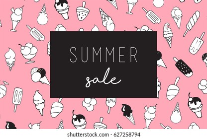 Ice cream, sweet summer collection of icons, doodles, illustrations