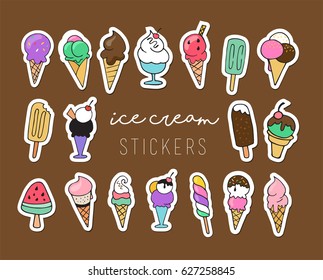 Ice cream, sweet summer collection of icons, doodles, illustrations