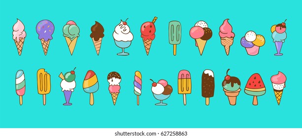 Ice cream, sweet summer collection of icons, doodles, illustrations
