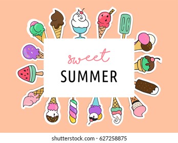 Ice cream, sweet summer collection of icons, doodles, illustrations