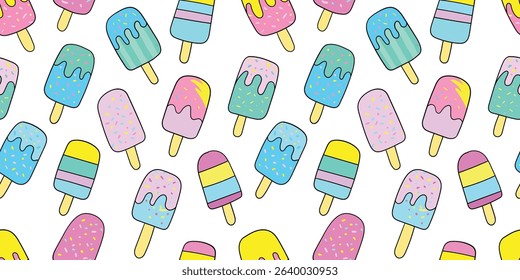 Ice cream and sweets, bright colors, seamless pattern, suitable for fashion design, decoration, fabric, wallpaper and printing on white background.