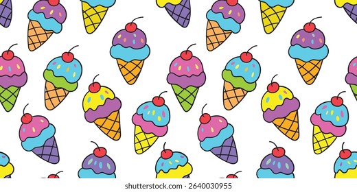Ice cream and sweets, bright colors, seamless pattern, suitable for fashion design, decoration, fabric, wallpaper and printing on white background.